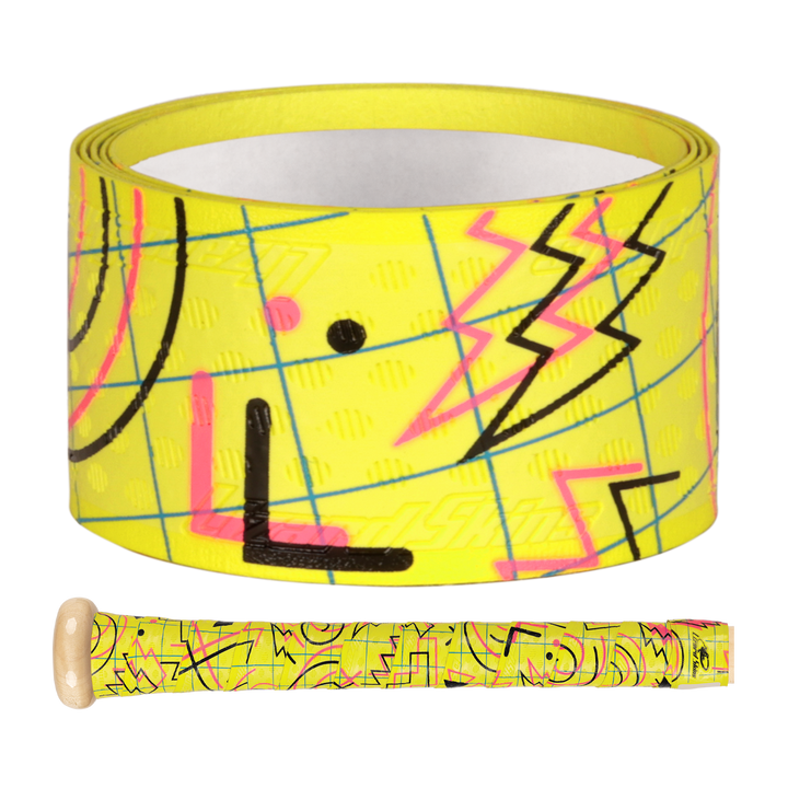 Lizard Skins DSP Ultra Outburst 1.1mm Bat Grip in Totally Tubular features yellow polymer tape with abstract pink, blue, and black geometric designs, offering durable performance inspired by bat grip tech; shown wrapped on a handlebar.