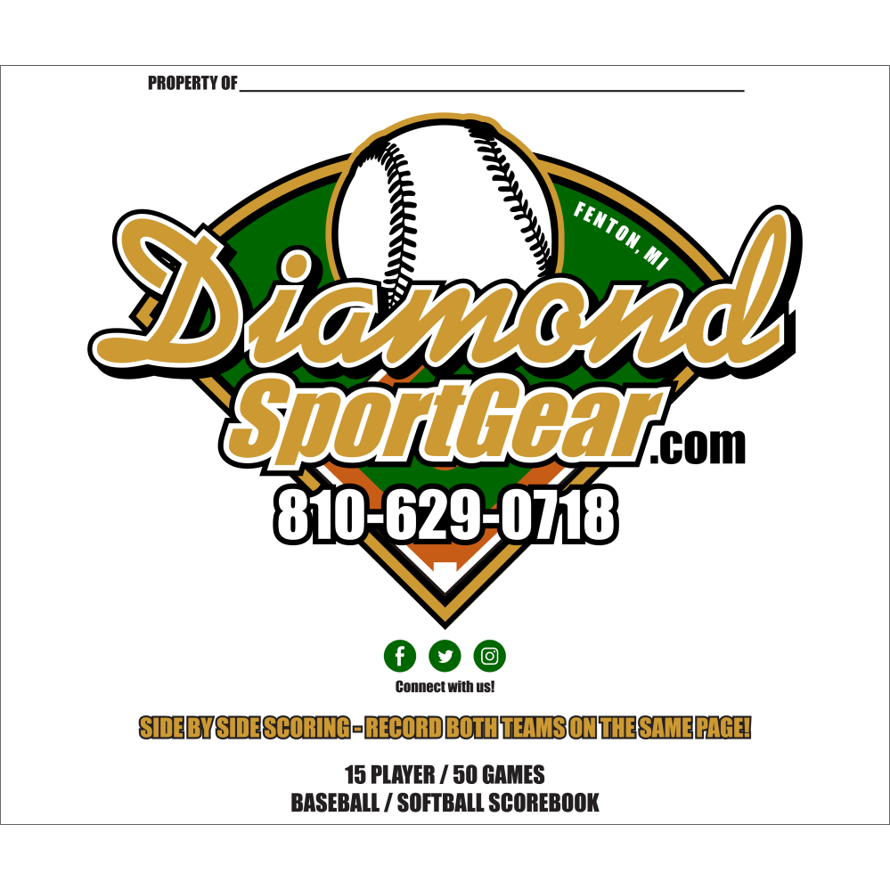 The My Scorebooks Diamond Sport Gear 15 Player Side by Side Scorebook (MSBXLG15) features a baseball logo on a white background—ideal for your lineup card or scorebook, capturing the true spirit of the game.