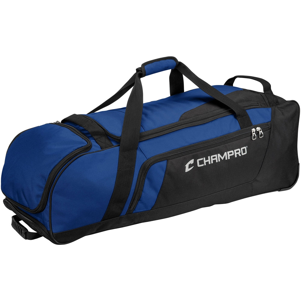 The Champro Sports Boss Wheeled Catcher's Bag (E92) in blue and black, featuring handles, a zippered side pocket, and spacious storage, is displayed on a white background.