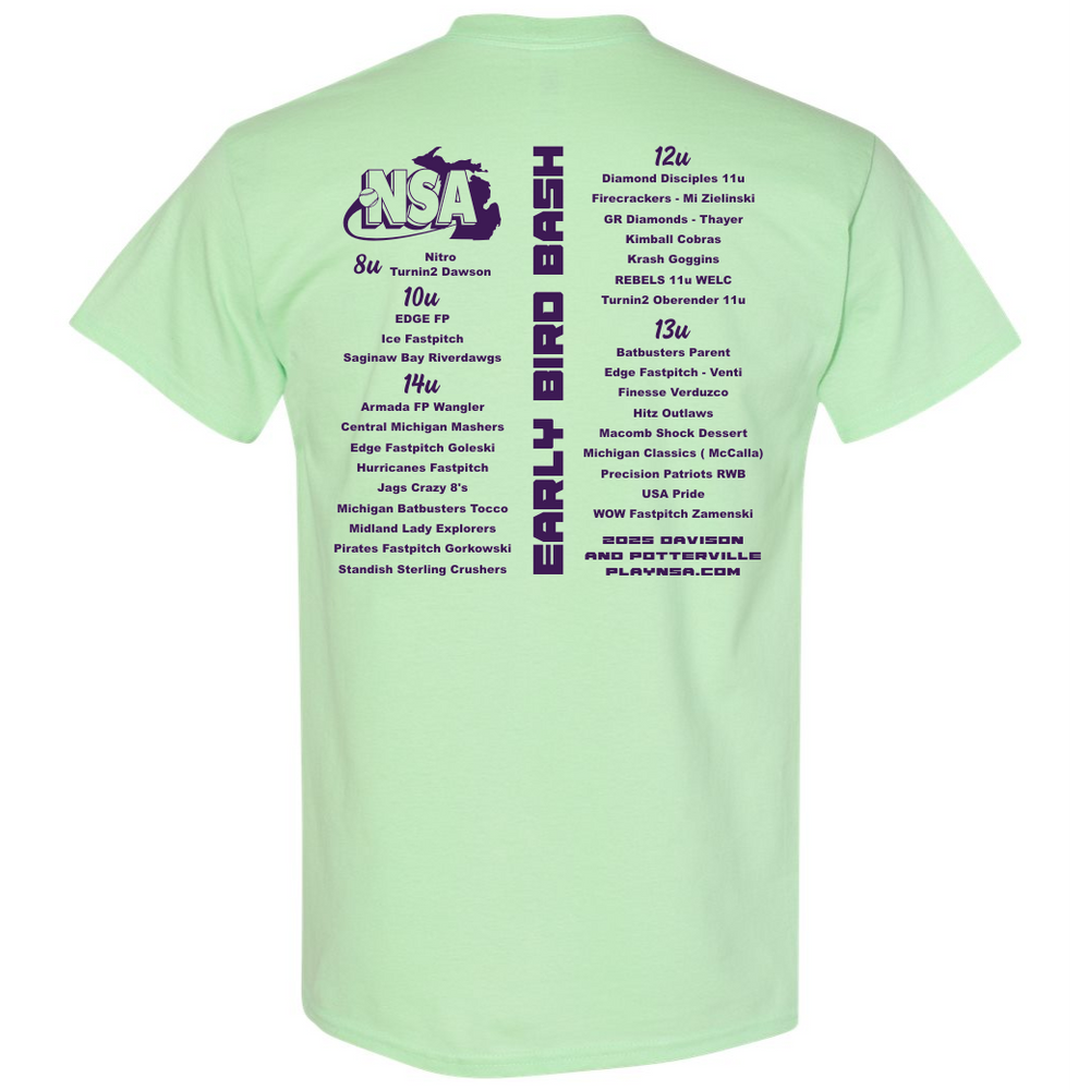 The 2025 NSA Early Bird Bash Fastpitch Tournament T-Shirt by DSG Apparel is mint green with the event logo, team names, details in purple and black, a softball graphic, and a vertical “Early Bird Bash” banner on the back—ideal fan apparel!.