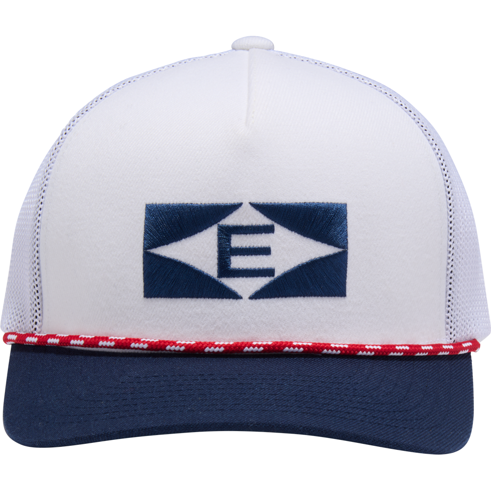 The Easton Retro Snapback Hat (EAVH-WHNY) features a white and navy design, blue geometric E logo on front, red-and-white rope above the brim, mesh back, and an adjustable snapback closure for a classic fit.
