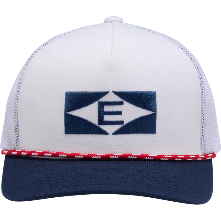 The Easton Retro Snapback Hat (EAVH-WHNY) features a white and navy design, blue geometric E logo on front, red-and-white rope above the brim, mesh back, and an adjustable snapback closure for a classic fit.