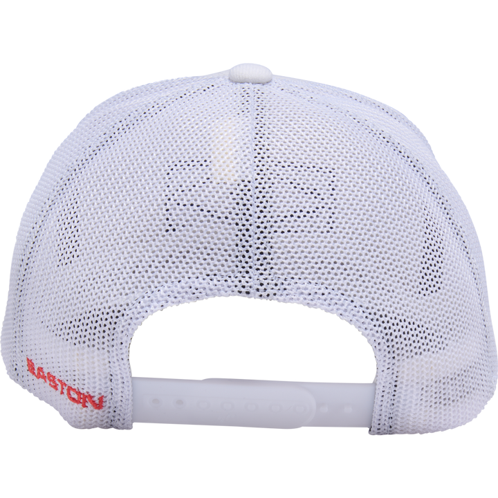 The Easton Retro Snapback Hat (EAVH-WHNY) in white is shown from the rear, featuring a mesh back, snapback closure, and "EASTON" embroidered in red on the left side.