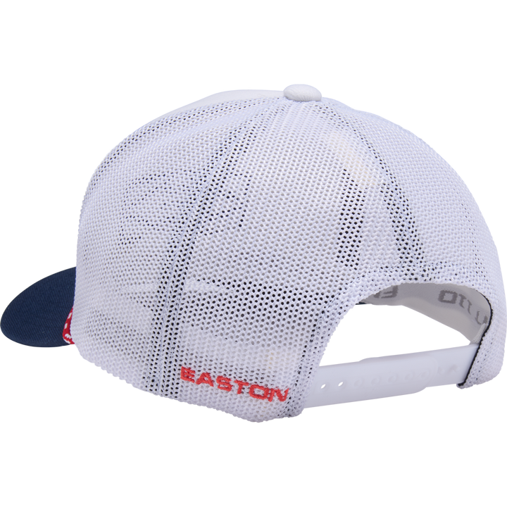 The Easton Retro Snapback Hat: EAVH-WHNY by Easton features a white mesh back, adjustable snapback closure, navy blue brim, and "EASTON" embroidered in red above the opening. Viewed from the back.