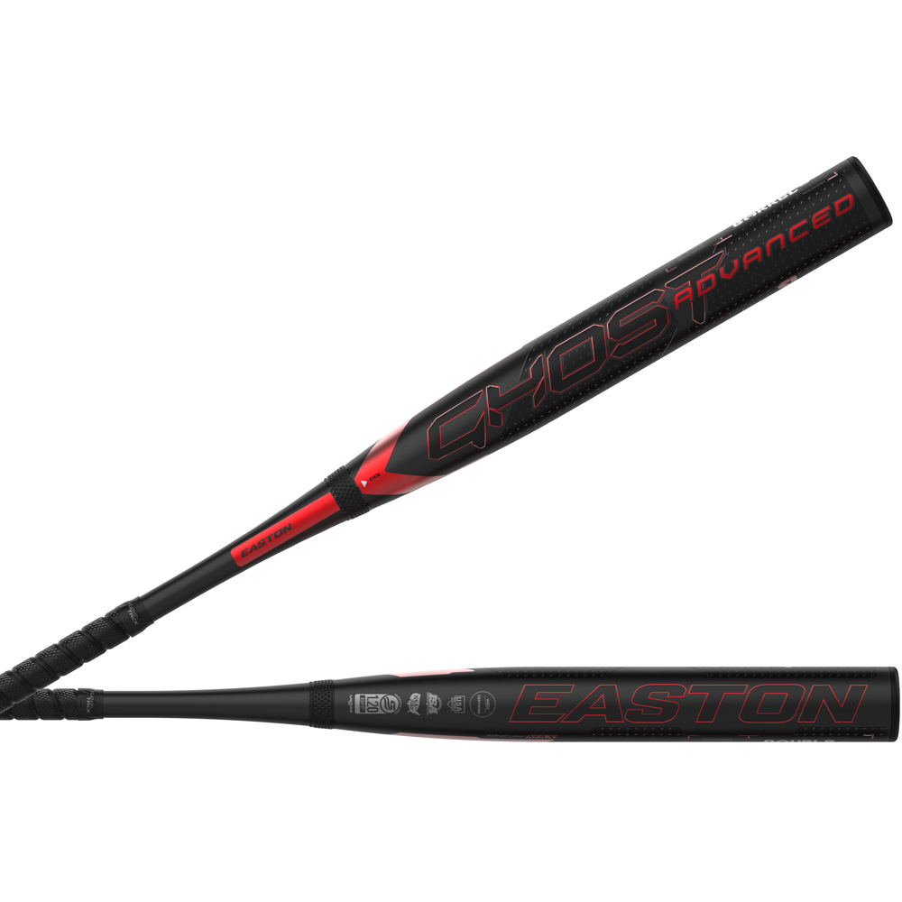 Two views of the 2024 Easton Ghost Advanced (-9) Fastpitch Softball Bat, showing the Easton brand and Ghost Advanced model name on the barrel.