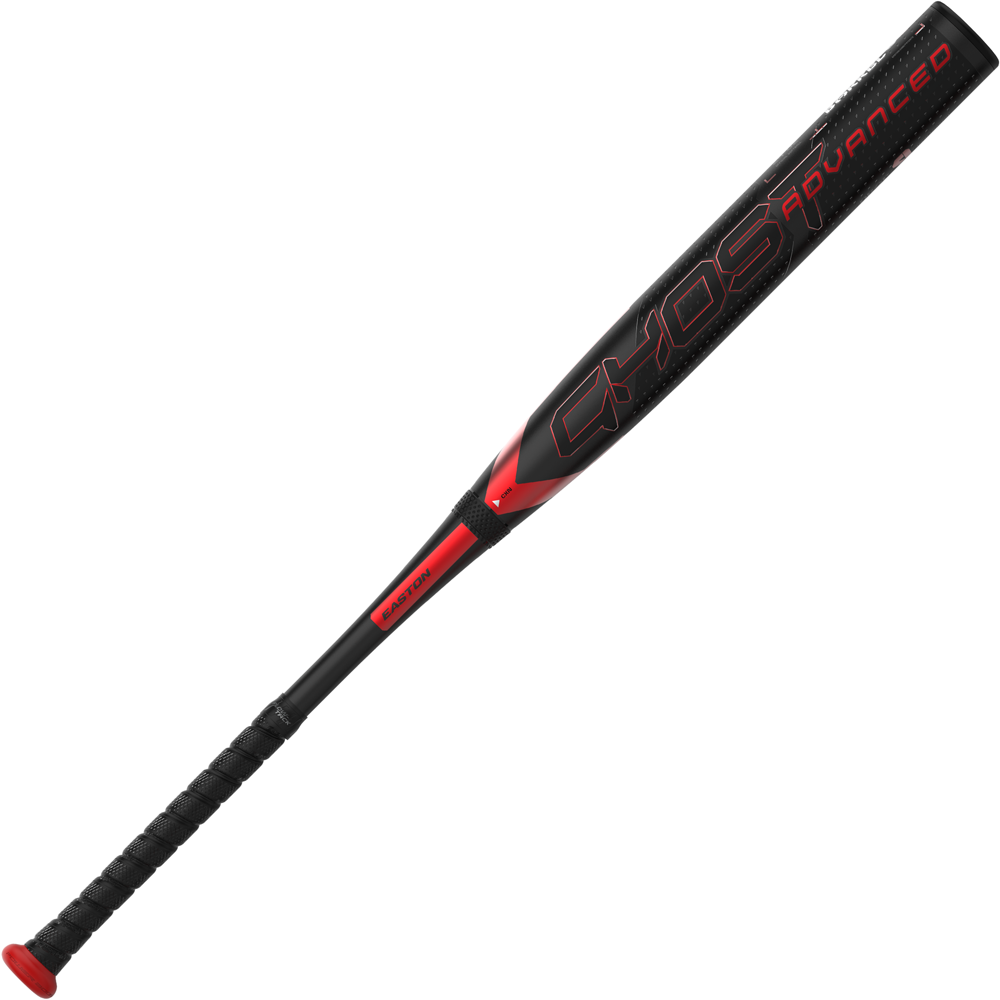 The 2024 Easton Ghost Advanced (-9) Fastpitch Softball Bat features a black and red design with GHOST ADVANCED boldly on the barrel, a black grip tape handle, and a red end cap—ideal for fastpitch players seeking premium Easton performance.