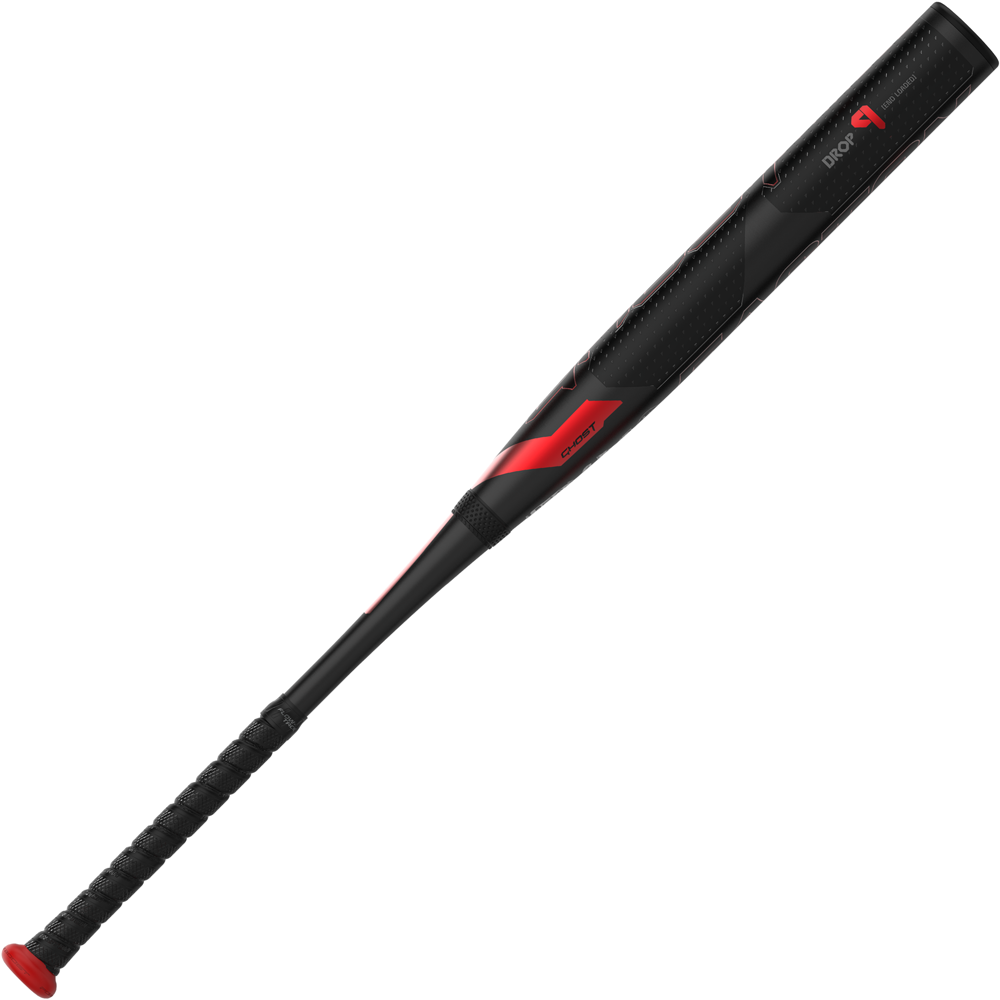 The 2024 Easton Ghost Advanced (-9) Fastpitch Softball Bat by Easton features a black and red barrel with a textured grip handle and a sleek, angular design, displayed against a white background.