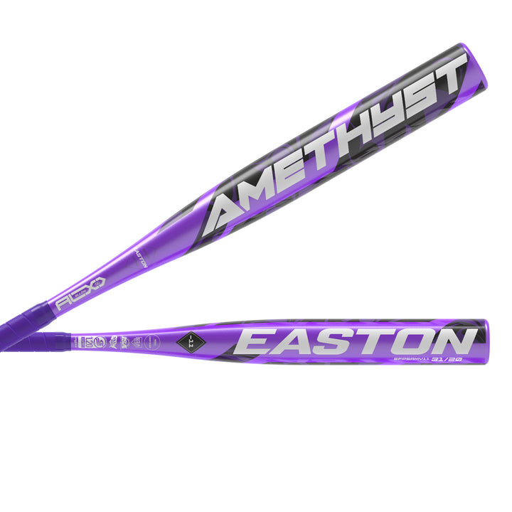 Two 2025 Easton Amethyst (-11) Fastpitch Softball Bats (EFP5AMY11) in purple and black, featuring AMETHYST and EASTON in bold silver letters; both the barrel and side views of these standout youth bats are displayed.