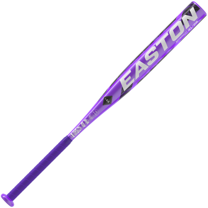 The 2025 Easton Amethyst (-11) Fastpitch Softball Bat (EFP5AMY11) features a purple and black design, black grip, and large silver EASTON branding along the barrel, shown against a white background.