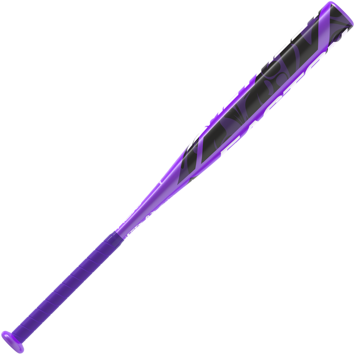 The 2025 Easton Amethyst (-11) Fastpitch Softball Bat (EFP5AMY11) features a purple and black design, textured grip, and a sleek, modern look, displayed on a white background.