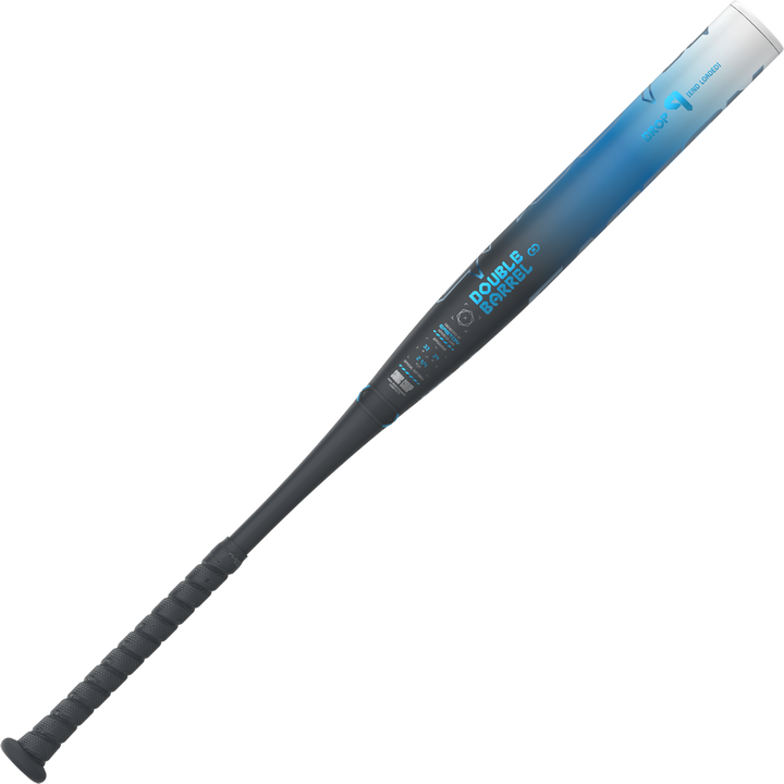 A black and blue 2025 Easton Ghost OG (-9) Fastpitch Softball Bat (EFP5GHOG9) by Easton, with a textured grip handle, is displayed on a white background. The bat is designed for top performance in fastpitch softball.