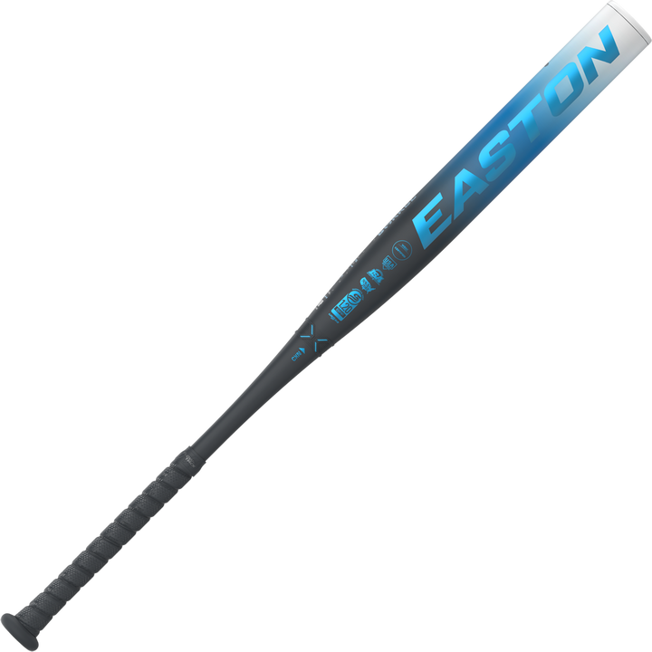The 2025 Easton Ghost OG (-9) Fastpitch Softball Bat features a blue and black design, textured black handle, large EASTON logo on the barrel, and advanced Sonic Comp technology for powerful performance.