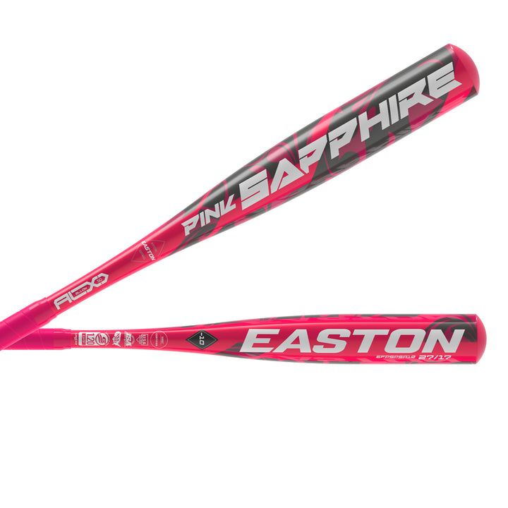 A close-up of the 2025 Easton Pink Sapphire (-10) Fastpitch Softball Bat (EFP5PSA10), designed by Easton for youth fastpitch softball.