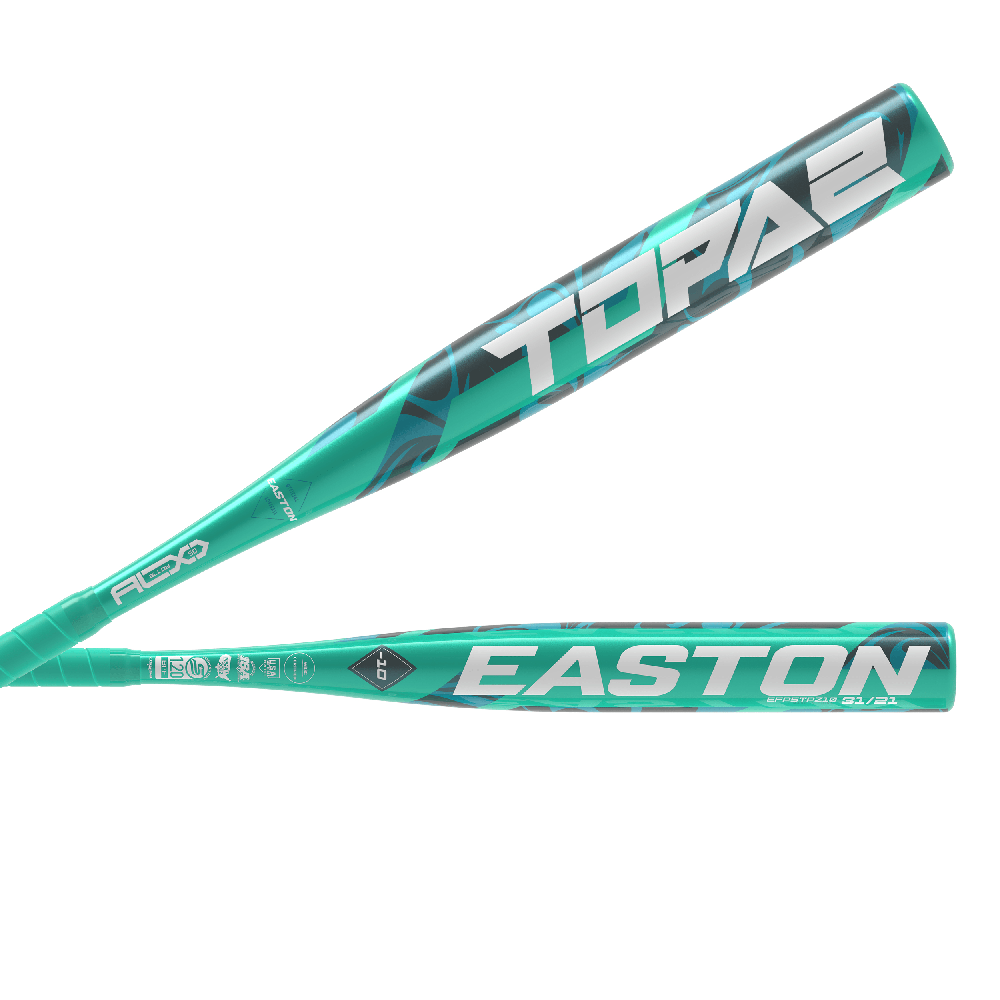 Two 2025 Easton Topaz (-10) Fastpitch Softball Bats (EFP5TPZ10) in teal, with 'TOPAZ' and 'EASTON' boldly printed in white, are displayed from different angles against a white background.