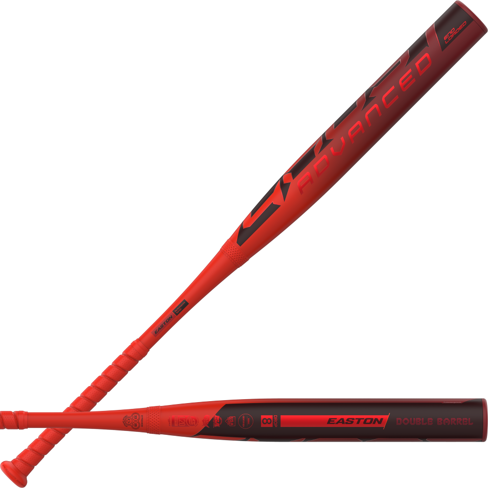 Two red and black Easton Ghost Advanced (-8) Fastpitch Softball Bats (EFP6GHAD8) feature Double Barrel construction. Shown from side and angled views with "ADVANCED" printed on the barrel.