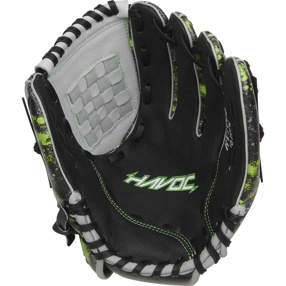 The Easton Havoc 10" Youth Baseball Glove (EHV100B) features a black and green design, offering lasting durability and comfort on the field.