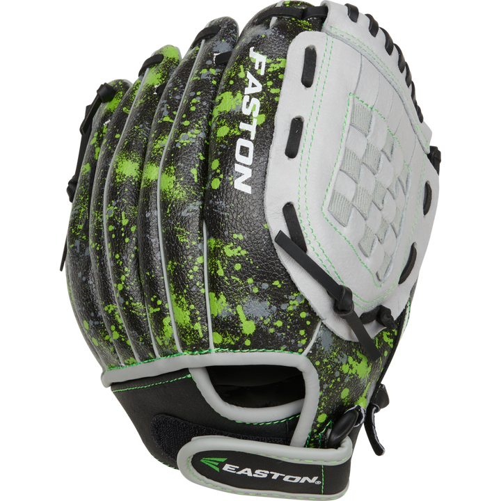 The Easton Havoc 10" Youth Baseball Glove (EHV100B) features a black and gray design with green paint splatter, white laces, and the Easton logoâoffering young players a stylish, durable choice on the field.