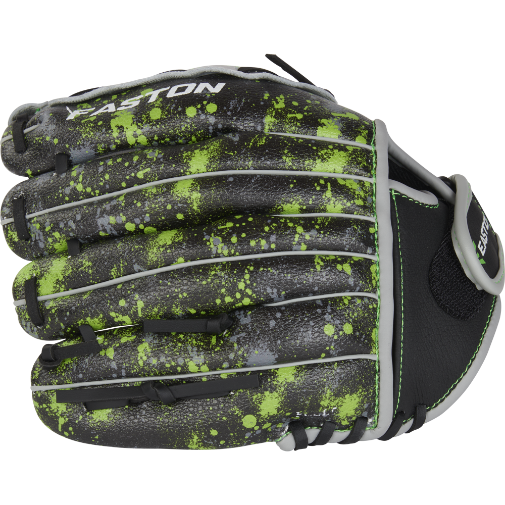 The Easton Havoc 10" Youth Baseball Glove (EHV100B) features a black design with neon green and gray splatter, gray lacing, and the EASTON logo in whiteâa stylish, durable glove perfect for young players.