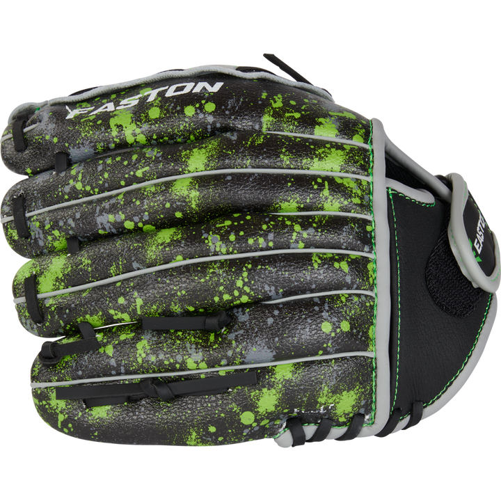 The Easton Havoc 10" Youth Baseball Glove (EHV100B) features a black design with neon green and gray splatter, gray lacing, and the EASTON logo in whiteâa stylish, durable glove perfect for young players.