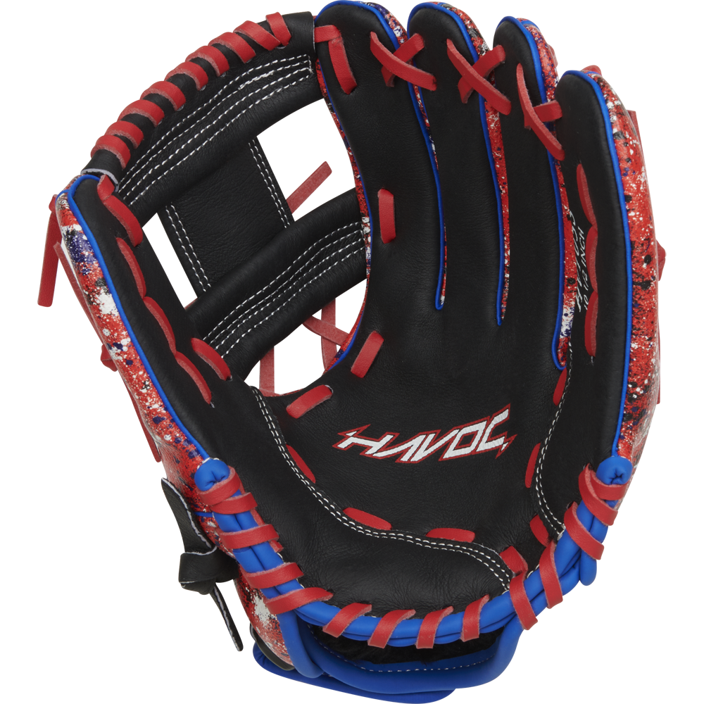 The Easton Havoc 10.5" Youth Baseball Glove (EHV105S) features black leather, red and blue laces, red/white/blue speckled accents, and "HAVOC" printed in white on the palm for a bold look.