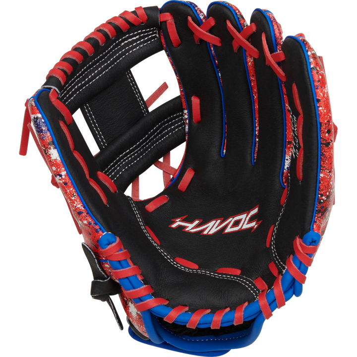 The Easton Havoc 10.5" Youth Baseball Glove (EHV105S) features black leather, red and blue laces, red/white/blue speckled accents, and "HAVOC" printed in white on the palm for a bold look.