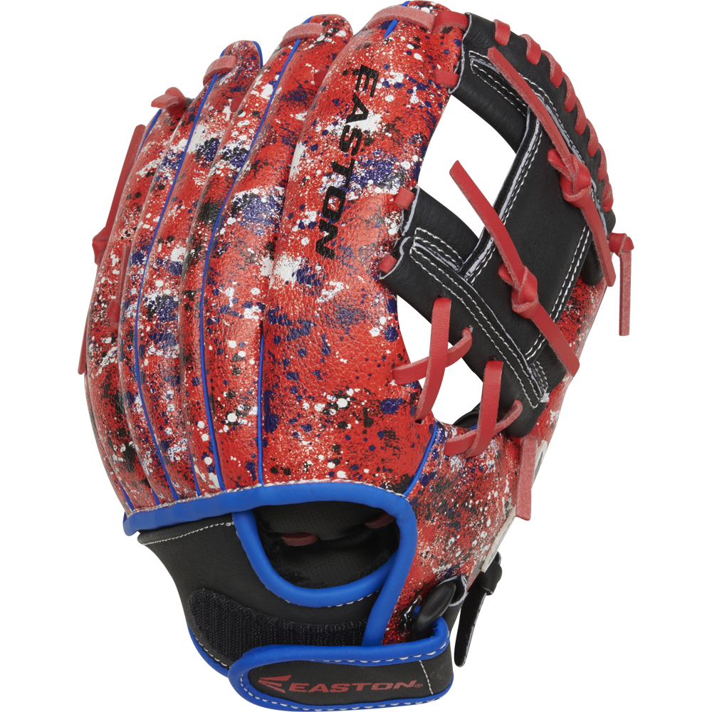 The Easton Havoc 10.5" Youth Baseball Glove (EHV105S) features a red design with blue, white, and black splatter accents, red laces, black finger backing, blue trim, and "Easton" printed on the back.
