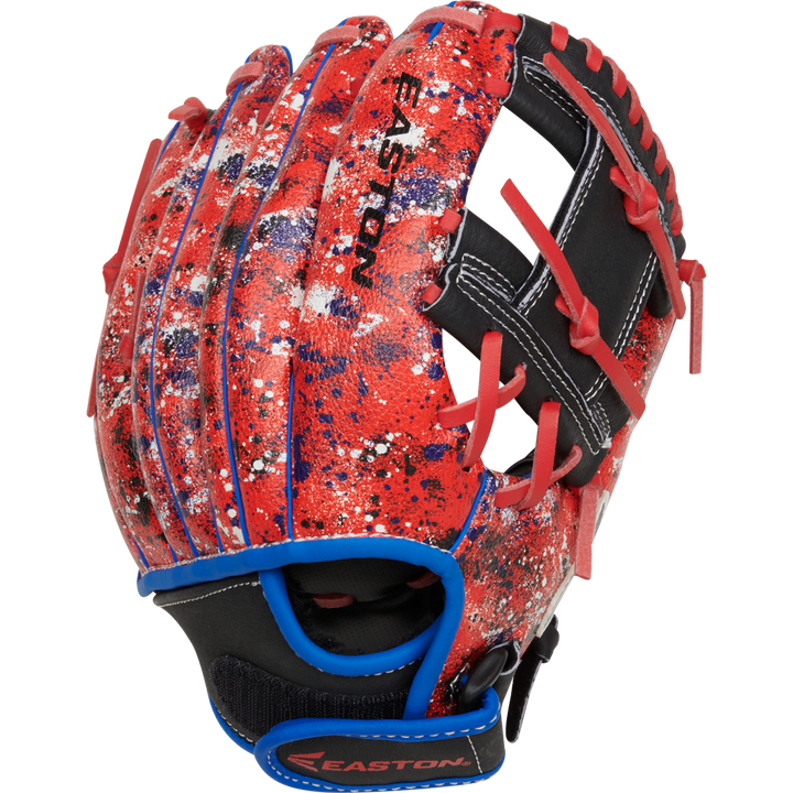 The Easton Havoc 10.5" Youth Baseball Glove (EHV105S) features a red design with blue, white, and black splatter accents, red laces, black finger backing, blue trim, and "Easton" printed on the back.