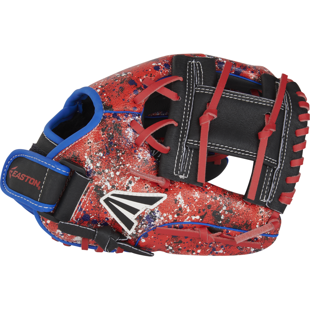 The Easton Havoc 10.5" Youth Baseball Glove (EHV105S) features a red shell, black web, splatter pattern, blue lining, black/red laces, and a white/black Easton logo—making it a durable and stylish choice for young players.
