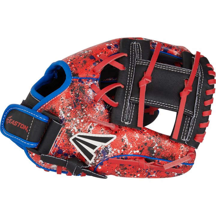 The Easton Havoc 10.5" Youth Baseball Glove (EHV105S) features a red shell, black web, splatter pattern, blue lining, black/red laces, and a white/black Easton logo—making it a durable and stylish choice for young players.