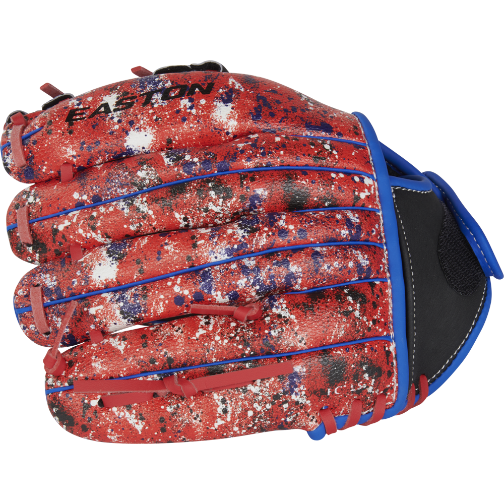 The Easton Havoc 10.5" Youth Baseball Glove: EHV105S is shown closed with the palm side hidden, featuring a red design with blue lacing, white, black, and blue paint splatters, and the EASTON logo on top.