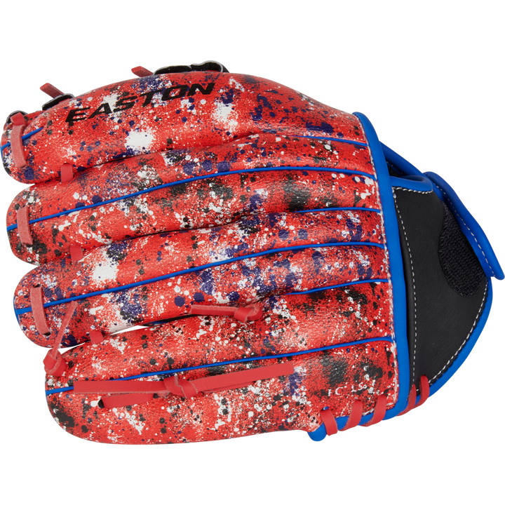 The Easton Havoc 10.5" Youth Baseball Glove: EHV105S is shown closed with the palm side hidden, featuring a red design with blue lacing, white, black, and blue paint splatters, and the EASTON logo on top.