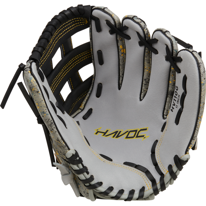 A close-up of the Easton Havoc 11" Youth Baseball Glove (EHV110G) in white and gray with black and yellow stitching, showing its webbed pocket and interior—perfect for young players.