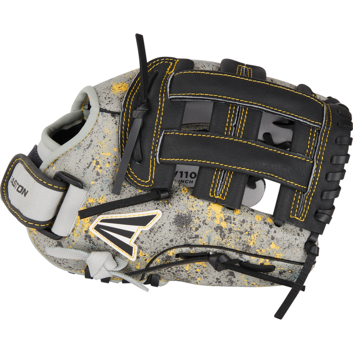 The Easton Havoc 11" Youth Baseball Glove (EHV110G) features grey leather with black/yellow accents, black lacing, yellow stitching, paint-splatter pattern, open web design, and the Easton logo—ideal for young infielders.