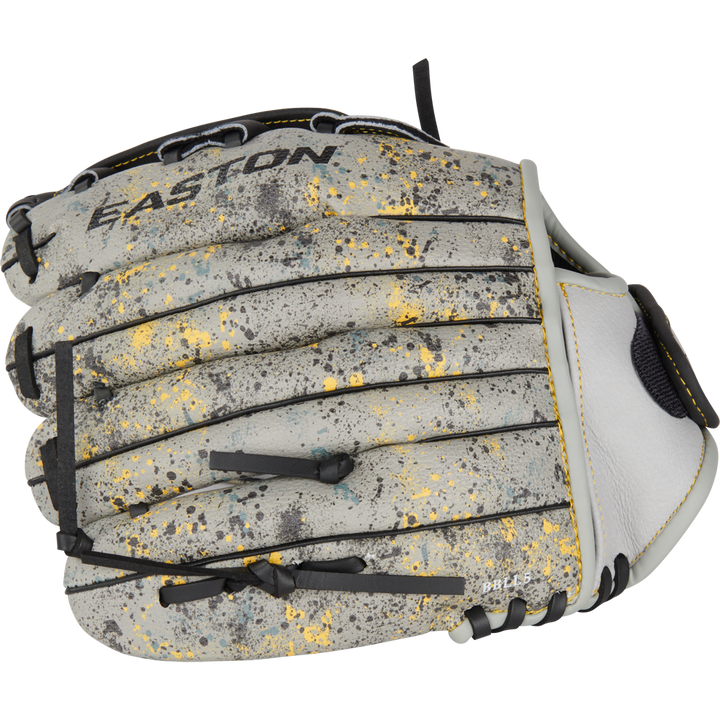 The Easton Havoc 11" Youth Baseball Glove: EHV110G is a gray infield glove with black laces, a yellow and black splatter pattern, and EASTON branding—perfect for young baseball players.