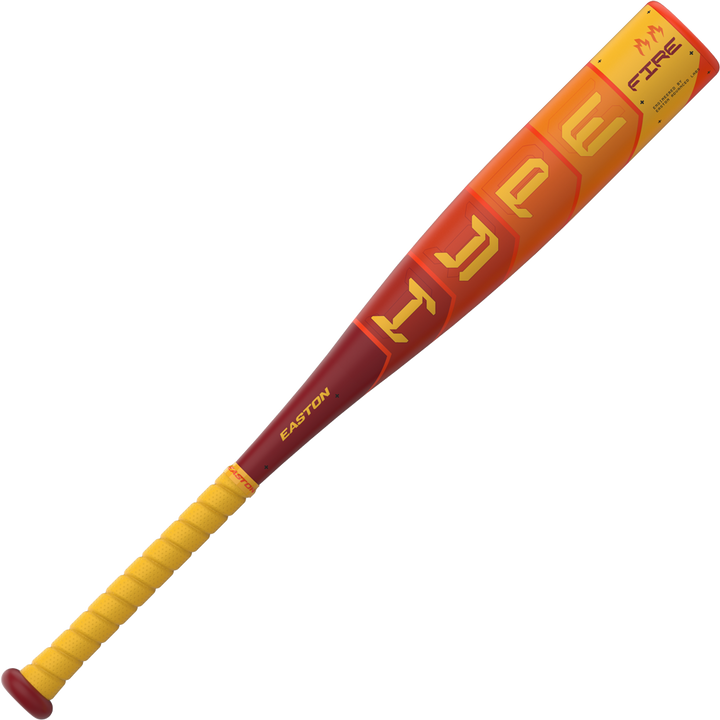 The 2025 Easton Hype Fire JBB (-10) USSSA Baseball Bat features a bold red and yellow design with "HYPE" in yellow, "EASTON" near the handle, FIRE branding on the barrel, and advanced Thermo-Composite technology for top performance.