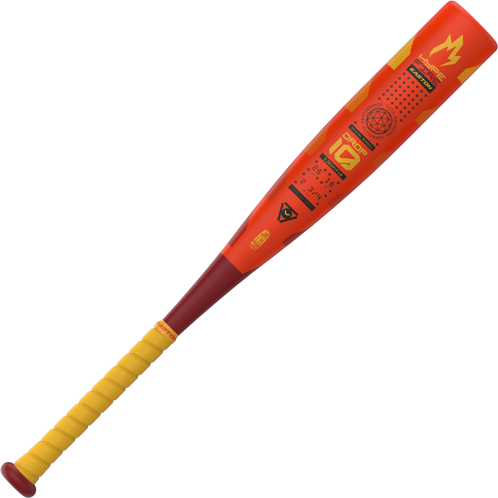 A close-up of the 2025 Easton Hype Fire JBB (-10) 2 3/4" USSSA Baseball Bat (EJB5HYP10) highlights its advanced Thermo-Composite technology.