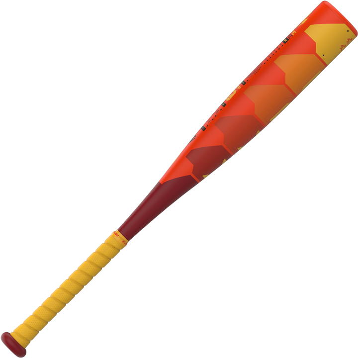 The 2025 Easton Hype Fire JBB (-10) USSSA Baseball Bat features a yellow grip, red-to-orange gradient barrel with hexagonal pattern, and advanced Thermo-Composite technology for top performance.