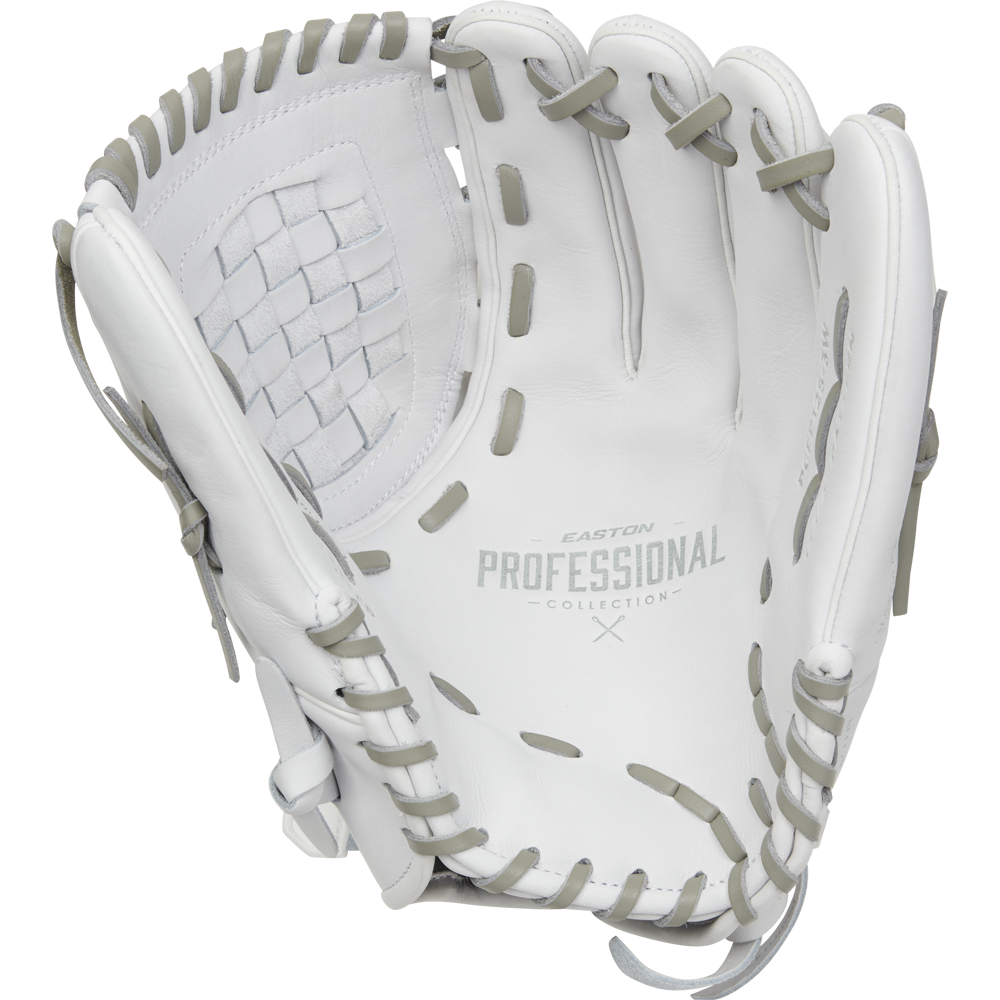 The Easton Professional Collection 12.5" Fastpitch Softball Glove (EPCFP125-3W) features premium white steerhide leather, gray laces, and "Easton Professional Collection" on the palmâideal as a fastpitch utility glove.
