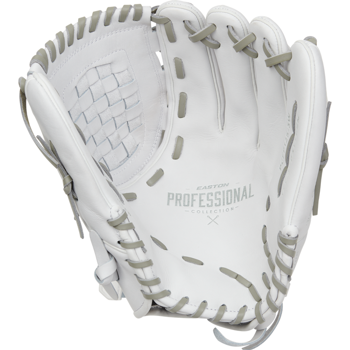 The Easton Professional Collection 12.5" Fastpitch Softball Glove (EPCFP125-3W) features premium white steerhide leather, gray laces, and "Easton Professional Collection" on the palmâideal as a fastpitch utility glove.