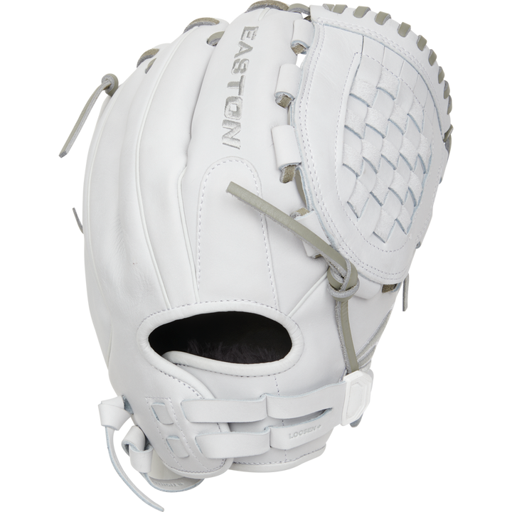 The Easton Professional Collection 12.5" Fastpitch Softball Glove (EPCFP125-3W) features premium white steerhide leather, grey laces, a closed web, and an open wrist area, shown against a plain background.