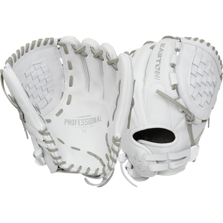 Two Easton Professional Collection 12.5" Fastpitch Softball Gloves (EPCFP125-3W) made of premium steerhide leather with gray lacing are shownâone palm-side up, one back-side upâagainst a plain white background.