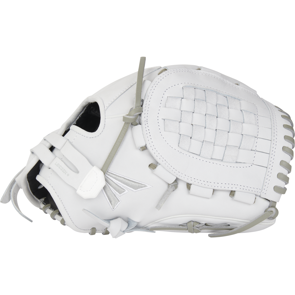 The Easton Professional Collection 12.5" Fastpitch Softball Glove (EPCFP125-3W) features premium steerhide leather in white, offering durability and style for players.