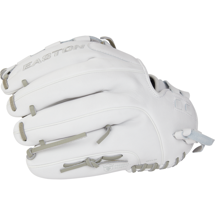 The Easton Professional Collection 12.5" Fastpitch Softball Glove (EPCFP125-3W) is a white premium steerhide glove with grey laces and Easton's logo embossed on the back, shown new against a plain white background.