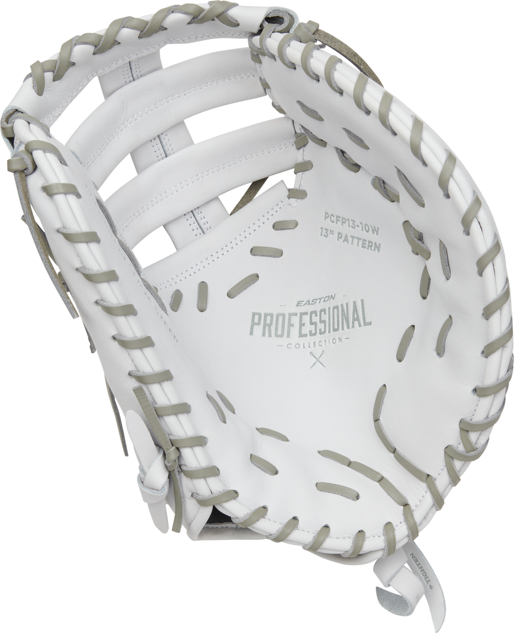 The Easton Professional Collection 13" Fastpitch Softball First Base Mitt (EPCFP13-10W) features detailed stitching for premium comfort and performance, inspired by Easton's renowned quality.