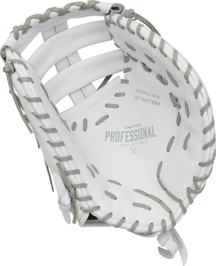 The Easton Professional Collection 13" Fastpitch Softball First Base Mitt (EPCFP13-10W) features detailed stitching for premium comfort and performance, inspired by Easton's renowned quality.