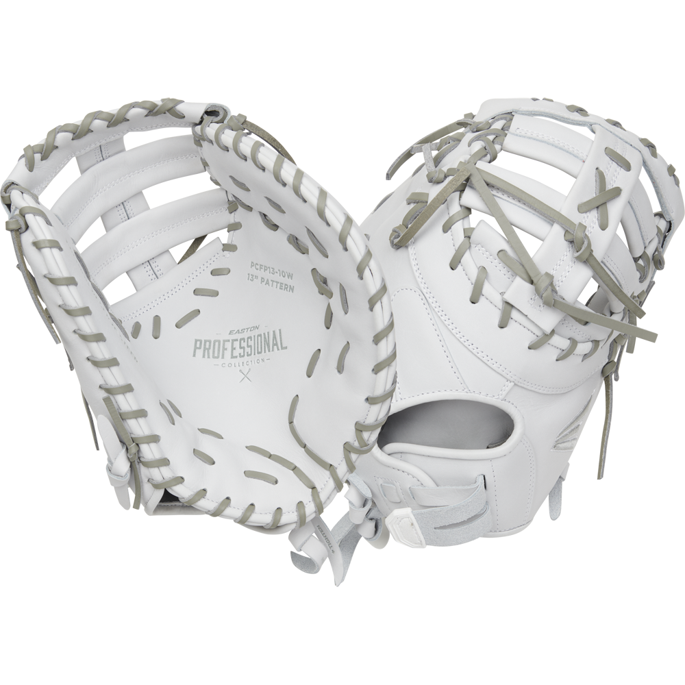 The Easton Professional Collection 13" Fastpitch Softball First Base Mitt (EPCFP13-10W) is shown in white with gray laces, one revealing the inside and the other angled to show the back, both with Easton's Professional branding—perfect for fastpitch players.