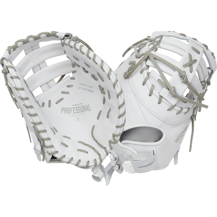 The Easton Professional Collection 13" Fastpitch Softball First Base Mitt (EPCFP13-10W) is shown in white with gray laces, one revealing the inside and the other angled to show the back, both with Easton's Professional branding—perfect for fastpitch players.
