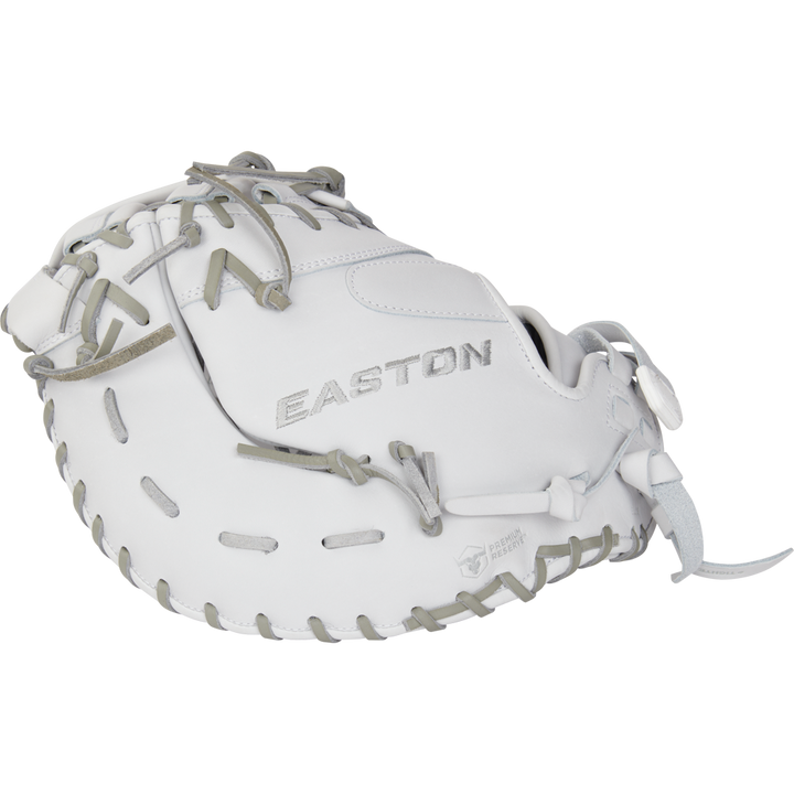 The Easton Professional Collection 13" Fastpitch Softball First Base Mitt (EPCFP13-10W) is a white glove with grey stitching, designed specifically for fastpitch players.