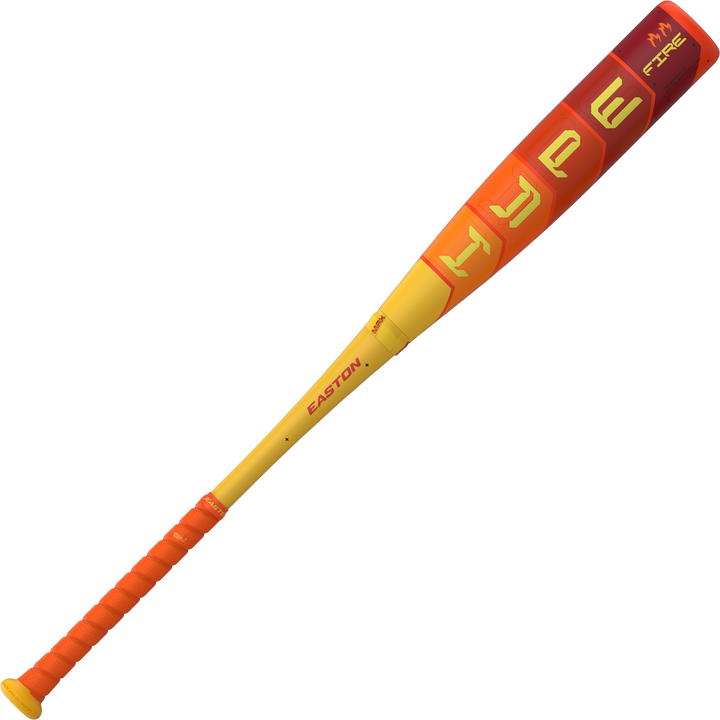 The 2025 Easton Hype Fire (-11) 2 5/8" USA Baseball Bat (EUS5HYP11) features bold red and yellow gradient colors, "HYPE" on the barrel, "EASTON" on the handle, an orange grip, and advanced 3D Ropecoil composite technology.