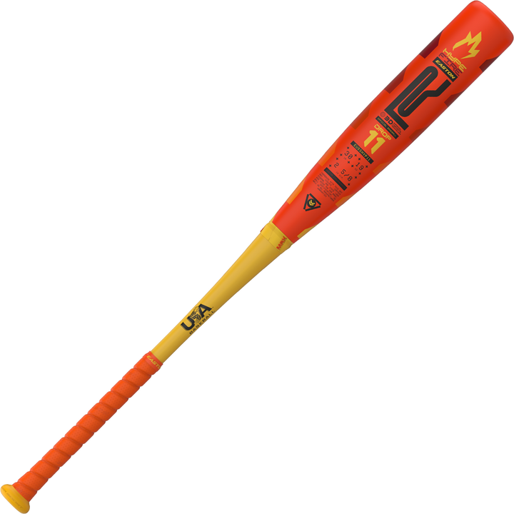 The 2025 Easton Hype Fire (-11) 2 5/8" USA Baseball Bat (EUS5HYP11) features a bright orange handle, yellow lower barrel, and red upper barrel with bold graphics, including a flame symbol and logos. The textured grip ensures a secure hold.